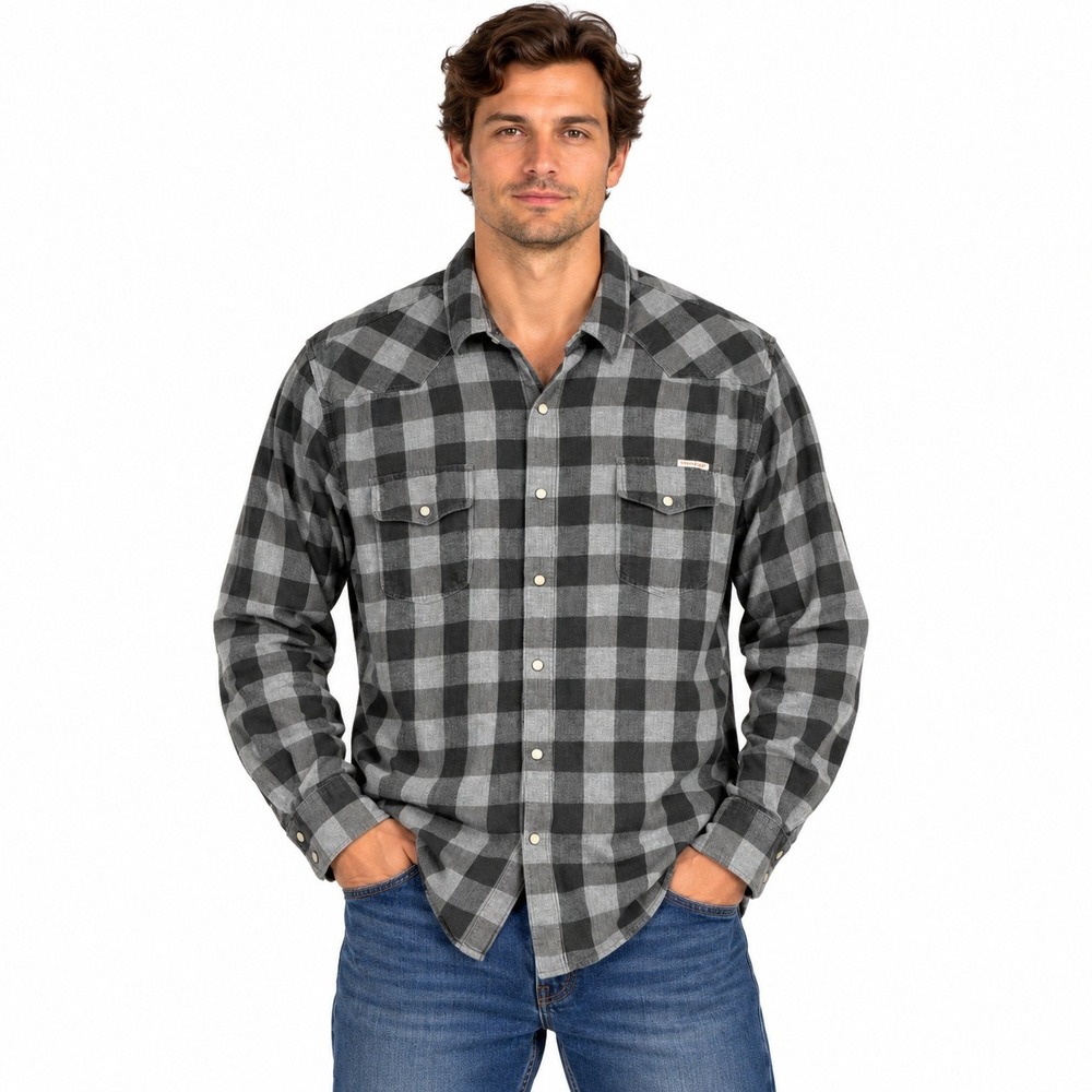 Lucky Brand Western Shirt Mens XL Grey Black Buffalo Plaid Pearl Snap 7M41714
